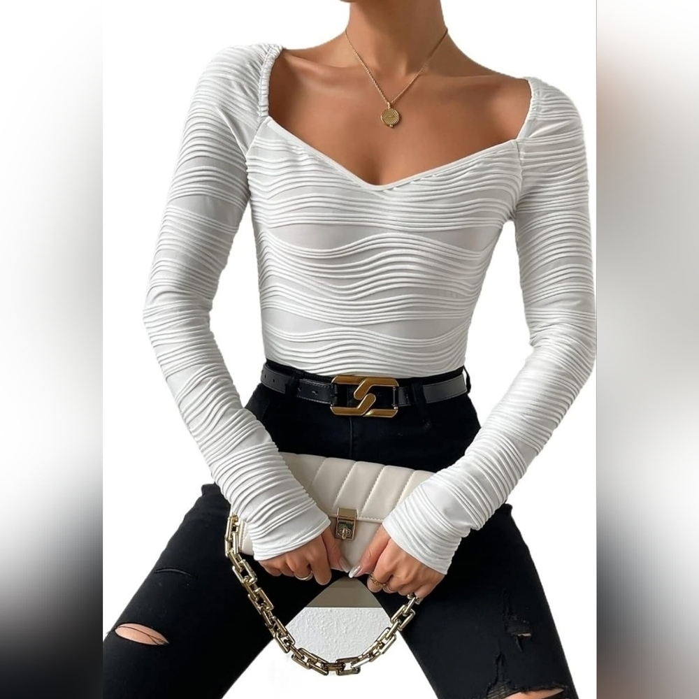SHEIN White Long Sleeve Ruched V-Neck Top
